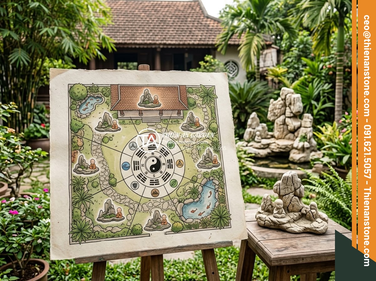 Cách thiết kế tiểu cảnh chú tiểu non bộ chuẩn phong thủy cho sân vườn - Feng Shui compass and garden layout diagram highlighting optimal placement spots