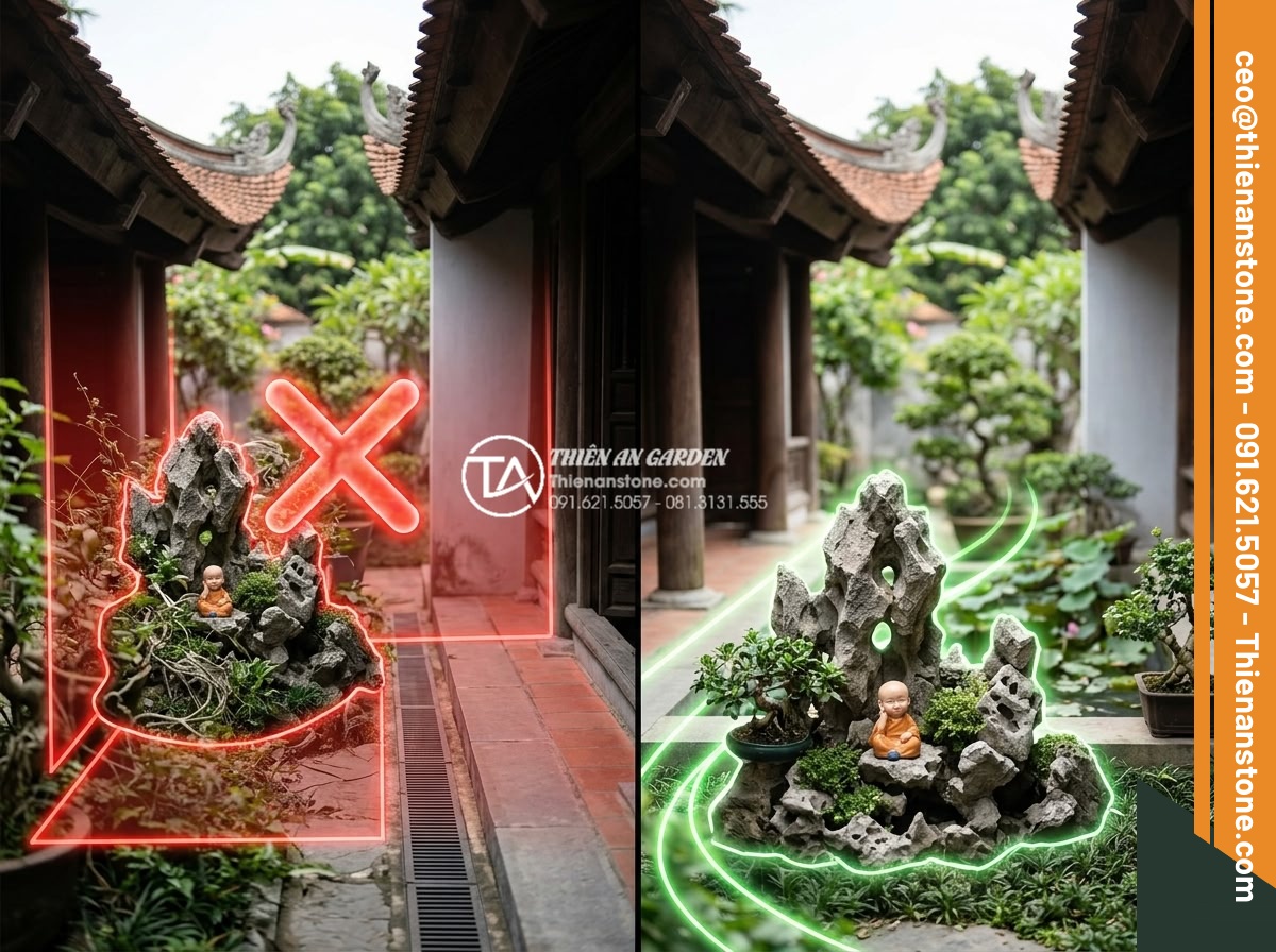 Cách thiết kế tiểu cảnh chú tiểu non bộ chuẩn phong thủy cho sân vườn - Before and after comparison of garden space showing incorrect vs correct placeme