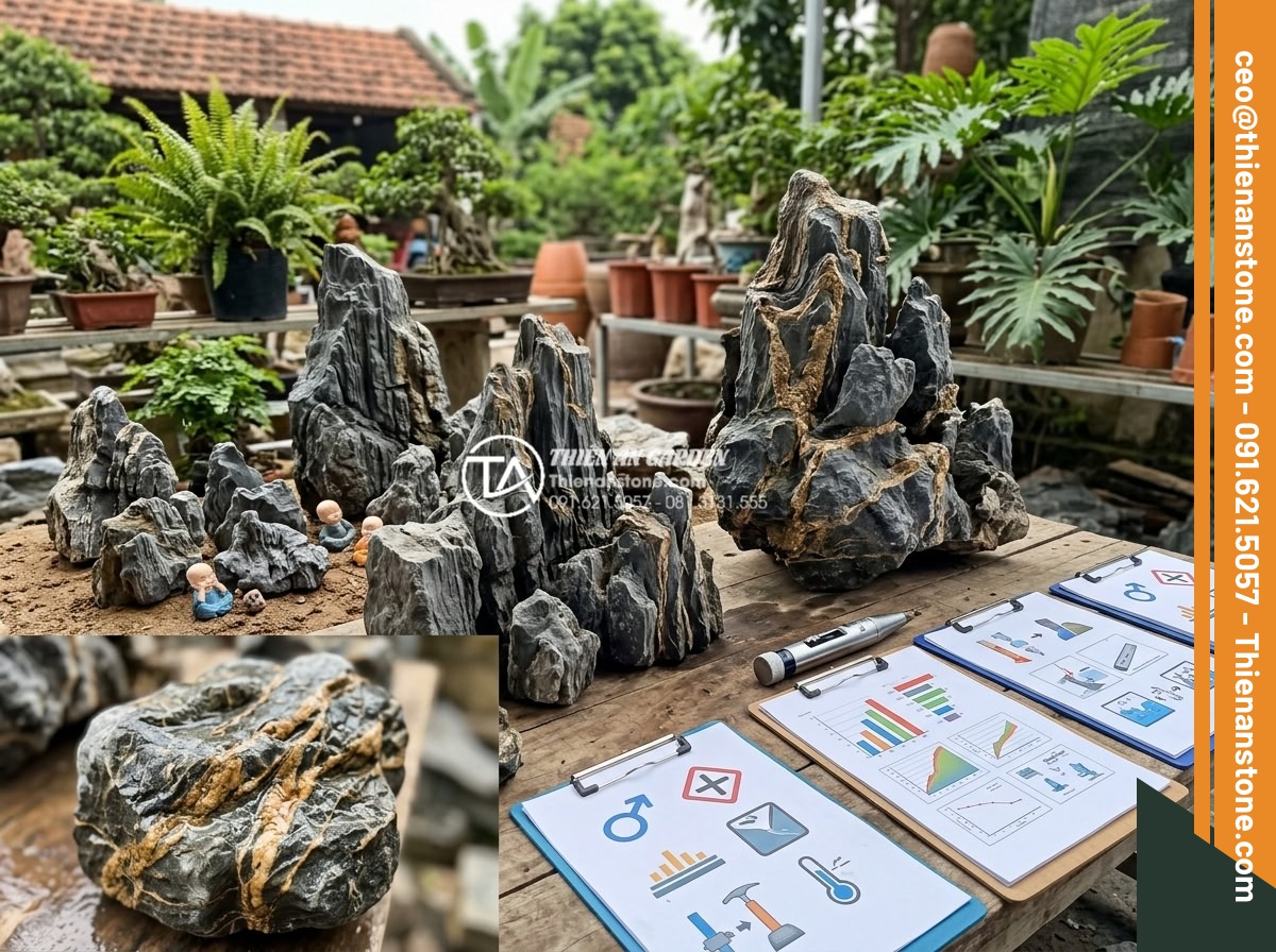 Cách thiết kế tiểu cảnh chú tiểu non bộ chuẩn phong thủy cho sân vườn - Variety of natural stone samples including granite, basalt, and marble suitable 