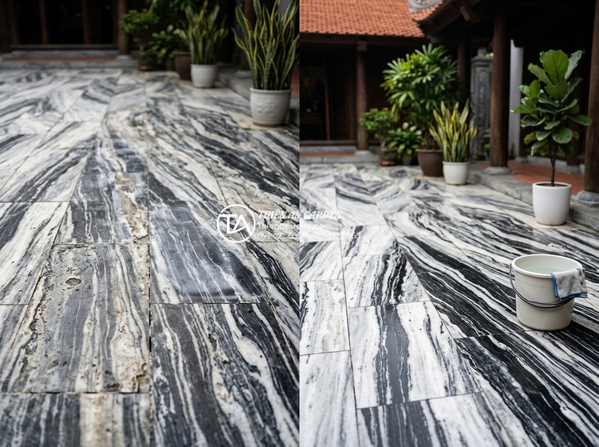 Cách vệ sinh và bảo dưỡng đá cảnh dưới gốc cây luôn sạch rêu mốc - Hình 17 Cách vệ sinh và bảo dưỡng đá cảnh dưới gốc cây luôn sạch rêu mốc - Common mistakes showing damaged stone from harsh chemicals versus correct gentle