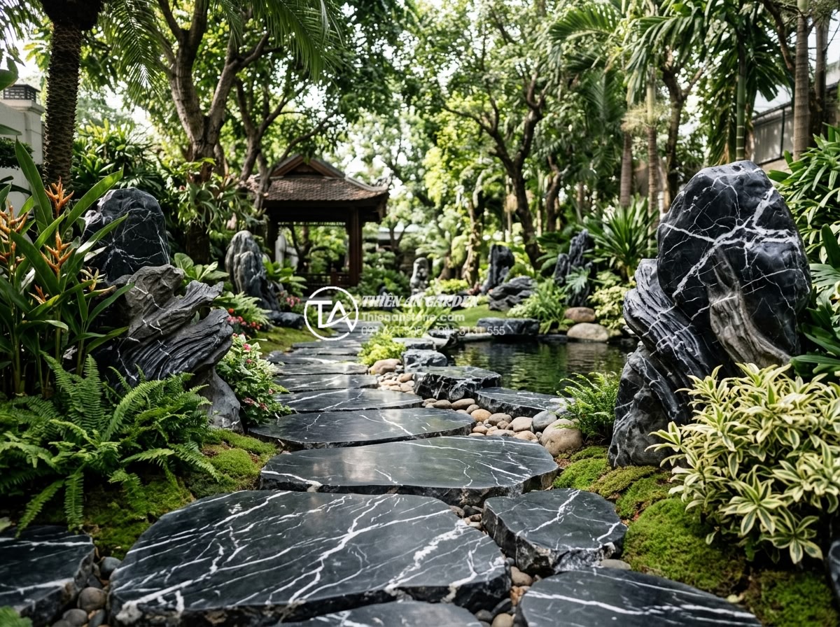 Cách vệ sinh và bảo dưỡng đá cảnh dưới gốc cây luôn sạch rêu mốc - Hình 19 Cách vệ sinh và bảo dưỡng đá cảnh dưới gốc cây luôn sạch rêu mốc - Luxurious well-maintained garden with pristine stone features under trees increa