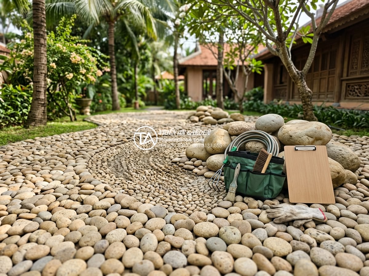 Cách vệ sinh và bảo dưỡng đá cảnh dưới gốc cây luôn sạch rêu mốc - Hình 20 Cách vệ sinh và bảo dưỡng đá cảnh dưới gốc cây luôn sạch rêu mốc - Professional team from Da Canh Thien An company maintaining luxury stone garden