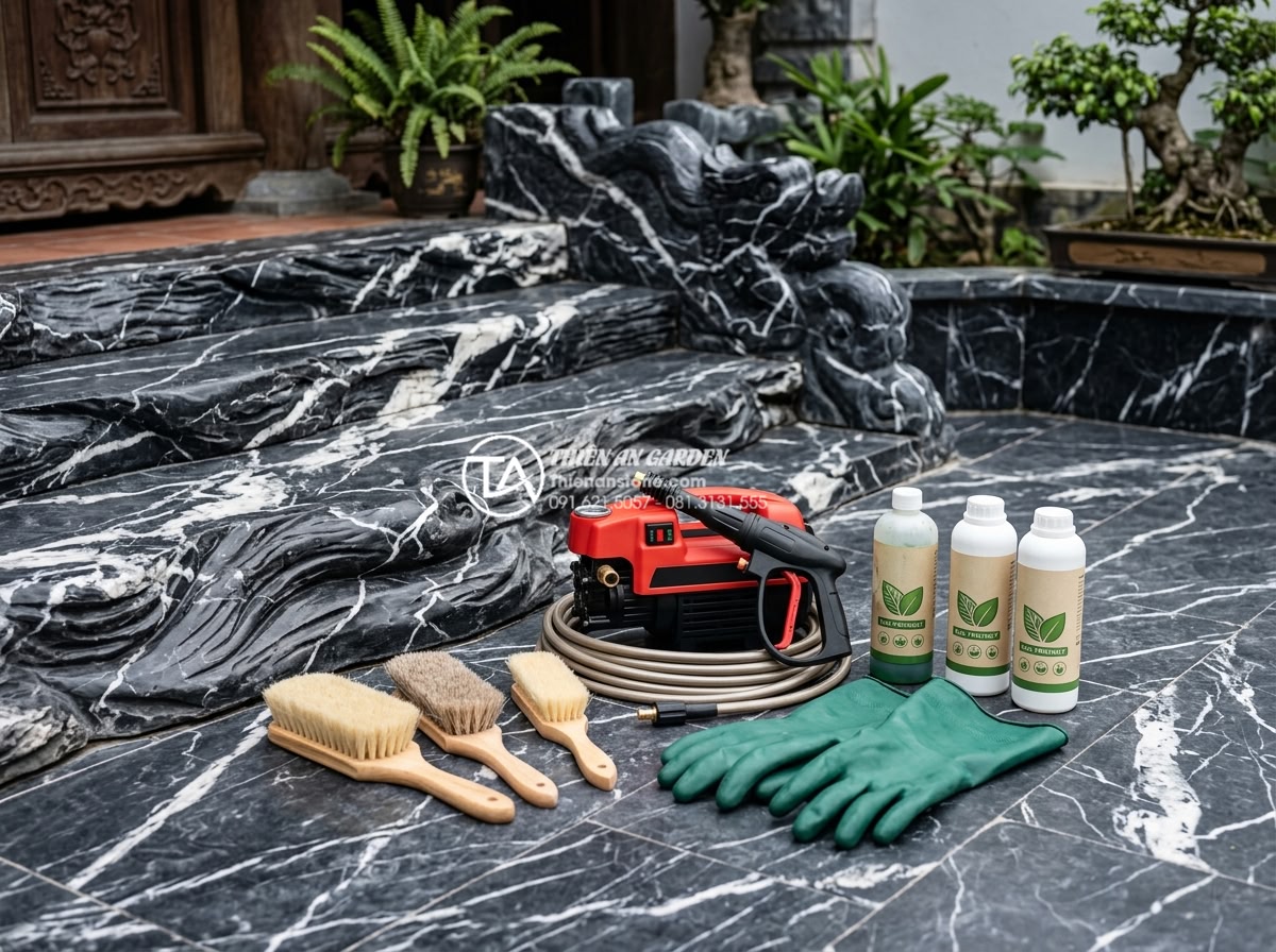 Cách vệ sinh và bảo dưỡng đá cảnh dưới gốc cây luôn sạch rêu mốc - Hình 5 Cách vệ sinh và bảo dưỡng đá cảnh dưới gốc cây luôn sạch rêu mốc - Professional cleaning tools laid out including soft brushes, pressure washer, pr
