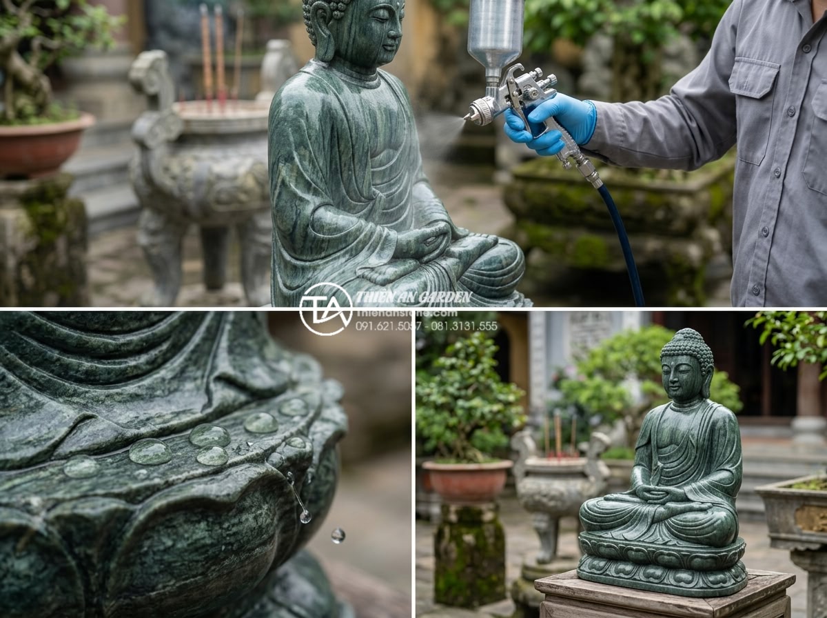 Cách vệ sinh và bảo dưỡng tiểu cảnh chú tiểu bằng đá luôn như mới - Application of advanced stone protection products on a clean Buddha statue: tech
