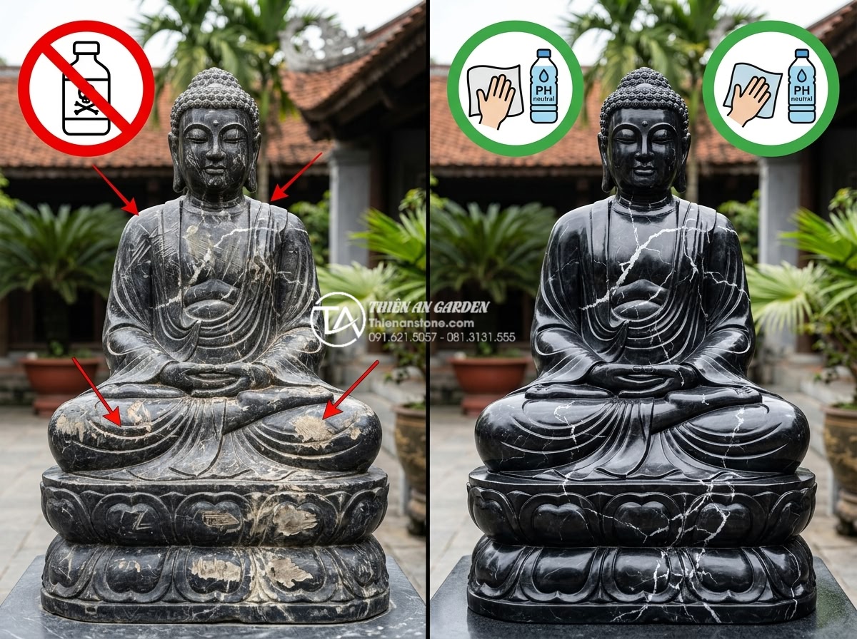 Cách vệ sinh và bảo dưỡng tiểu cảnh chú tiểu bằng đá luôn như mới - Warning style educational image showing common mistakes in stone cleaning: split