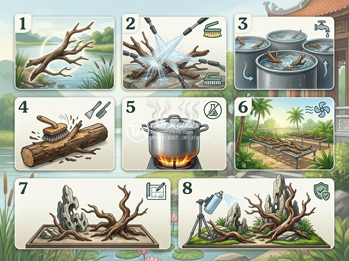 Cách xử lý gỗ lũa không bị mốc và mối mọt khi làm tiểu cảnh - Hình 15 Cách xử lý gỗ lũa không bị mốc và mối mọt khi làm tiểu cảnh - Complete 8-step infographic style illustration of full driftwood treatment proce