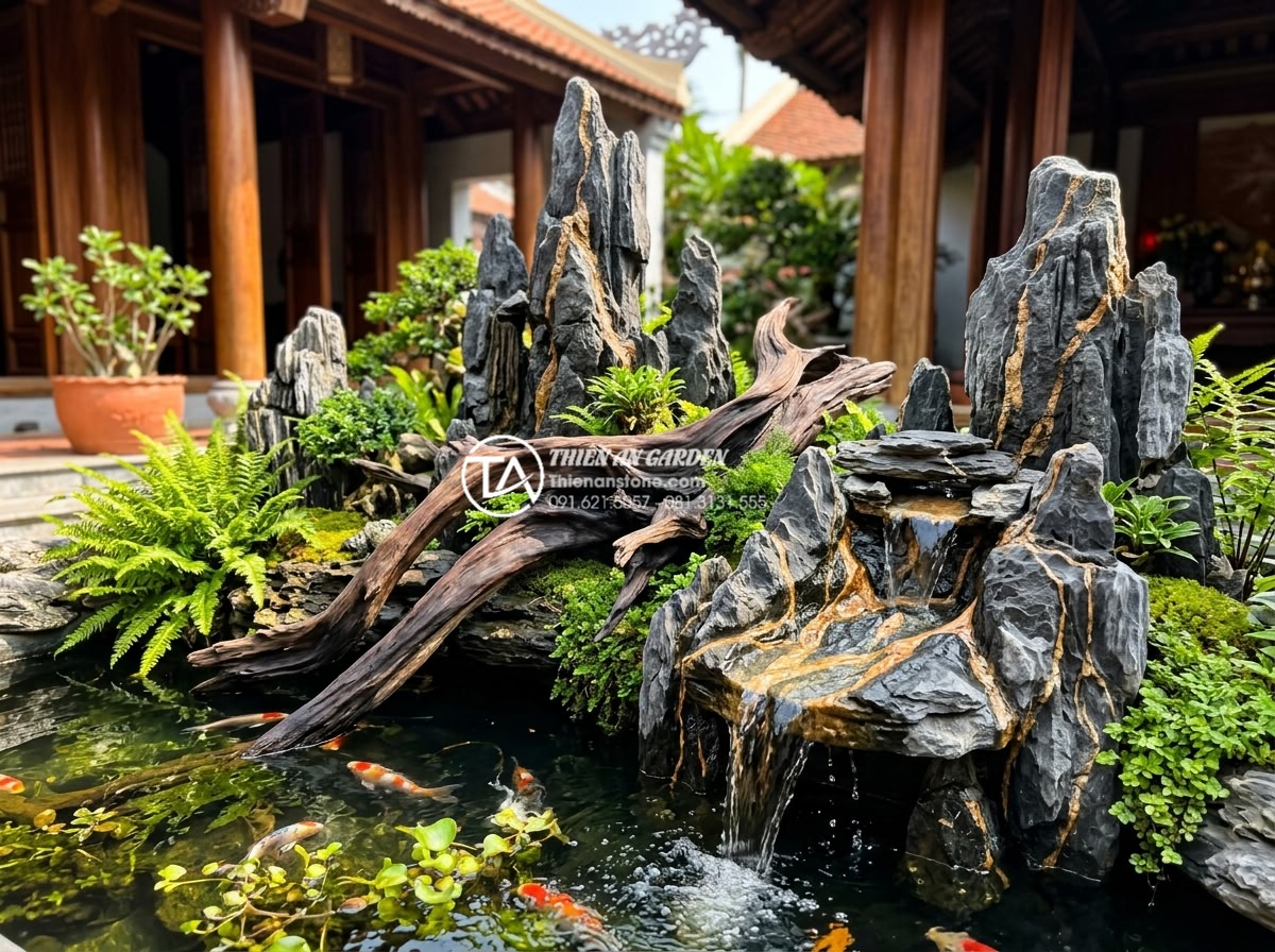 Cách xử lý gỗ lũa không bị mốc và mối mọt khi làm tiểu cảnh - Hình 2 Cách xử lý gỗ lũa không bị mốc và mối mọt khi làm tiểu cảnh - Wide angle shot of elegant outdoor mini landscape in Vietnamese villa featuring