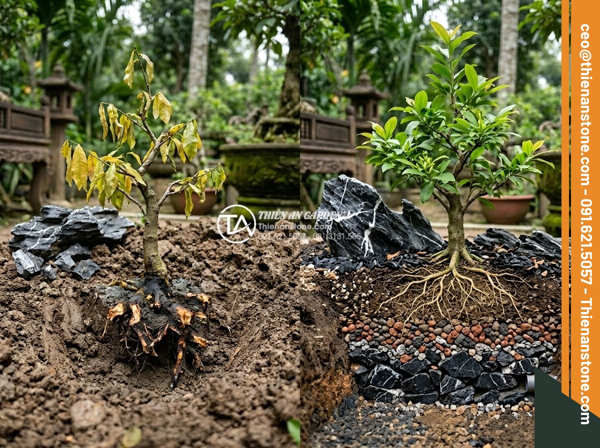 Cách xử lý rễ cây nổi khi làm tiểu cảnh để không gây hại cho cây - Hình 10 Cách xử lý rễ cây nổi khi làm tiểu cảnh để không gây hại cho cây - Educational comparison realistic image showing common mistakes in root handling