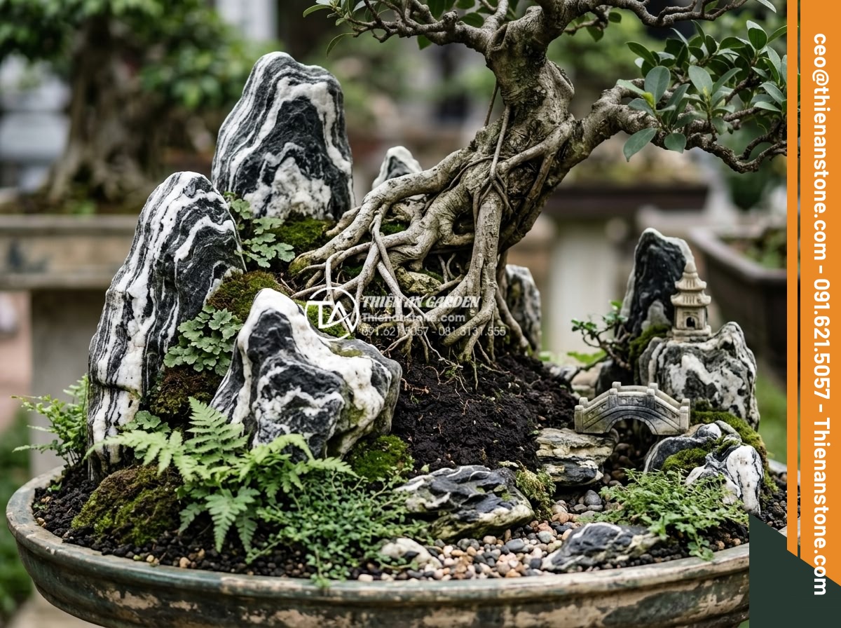Cách xử lý rễ cây nổi khi làm tiểu cảnh để không gây hại cho cây - Hình 8 Cách xử lý rễ cây nổi khi làm tiểu cảnh để không gây hại cho cây - Artistic professional photo of natural stone and carved stone elements artistica