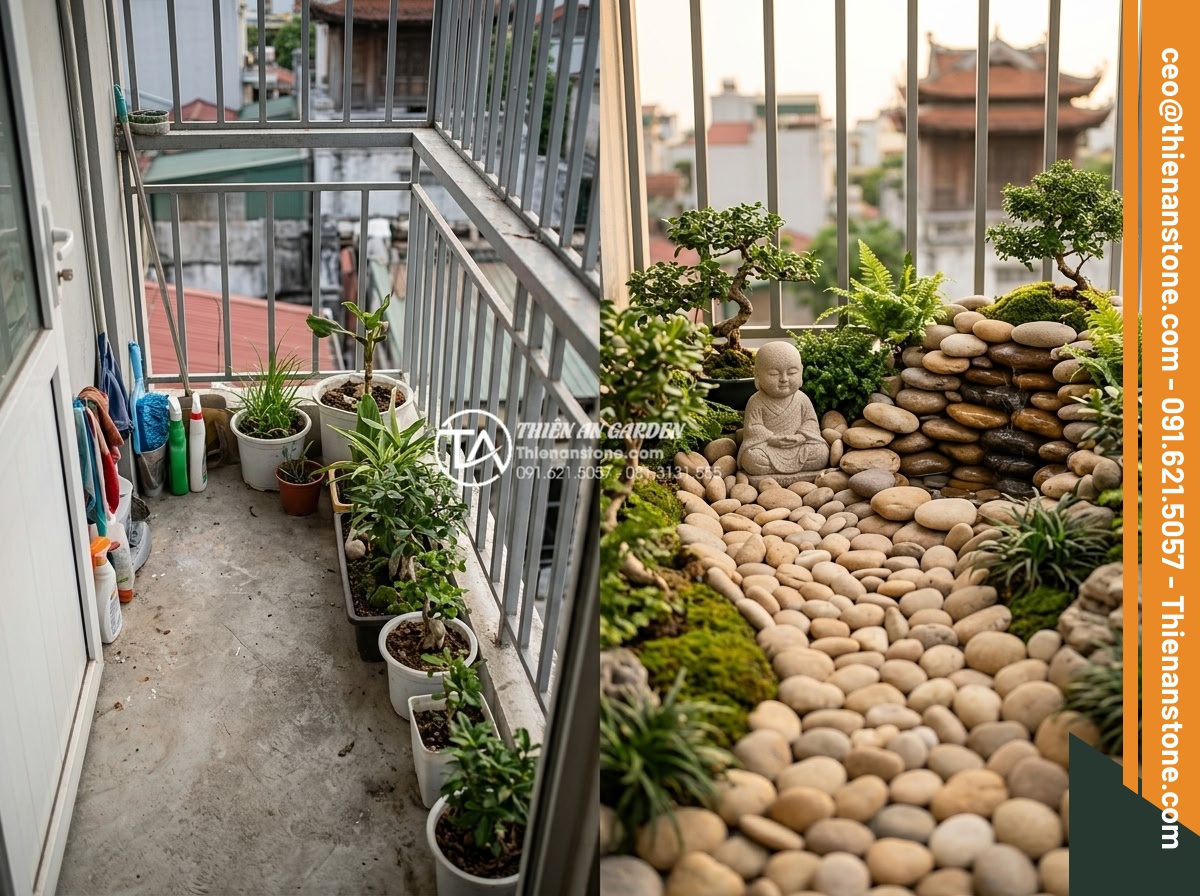 Case Study: Biến ban công 2m2 thành góc thư giãn với tiểu cảnh chú tiểu mini - A realistic before and after view of a compact 2 square meter urban balcony comp