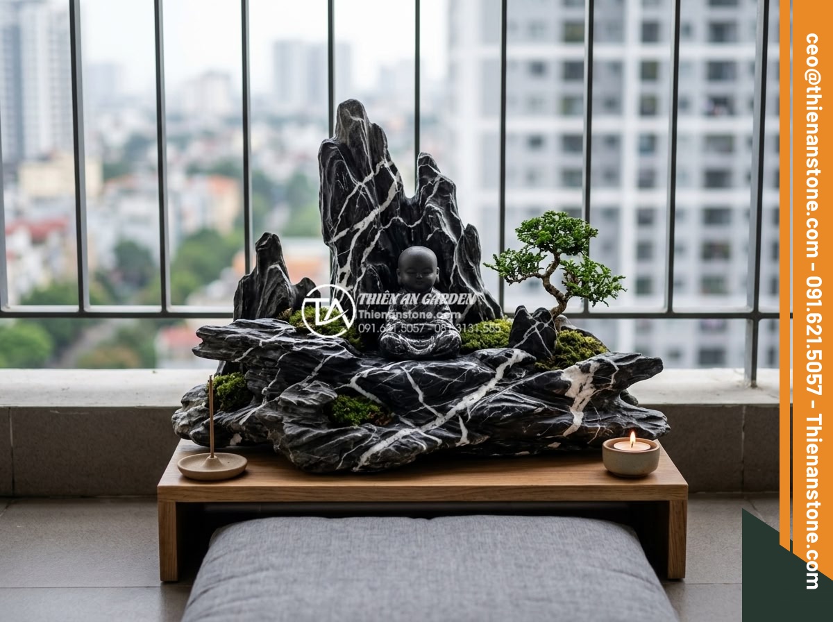 Case Study: Biến ban công 2m2 thành góc thư giãn với tiểu cảnh chú tiểu mini - Hình 14 Case Study: Biến ban công 2m2 thành góc thư giãn với tiểu cảnh chú tiểu mini - Wellness focused shot of a person meditating peacefully in front of a small natu