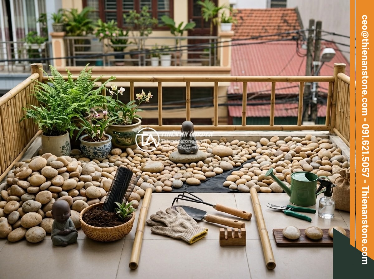 Case Study: Biến ban công 2m2 thành góc thư giãn với tiểu cảnh chú tiểu mini - Hình 15 Case Study: Biến ban công 2m2 thành góc thư giãn với tiểu cảnh chú tiểu mini - Cost breakdown infographic style visualization for a 2m2 balcony mini monk stone