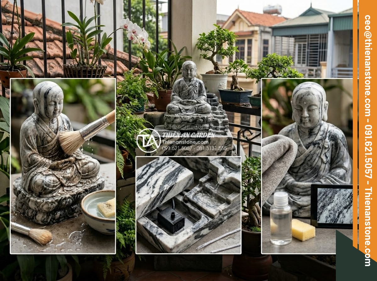 Case Study: Biến ban công 2m2 thành góc thư giãn với tiểu cảnh chú tiểu mini - Hình 19 Case Study: Biến ban công 2m2 thành góc thư giãn với tiểu cảnh chú tiểu mini - Maintenance guide visual showing cleaning process, water system check, and long-