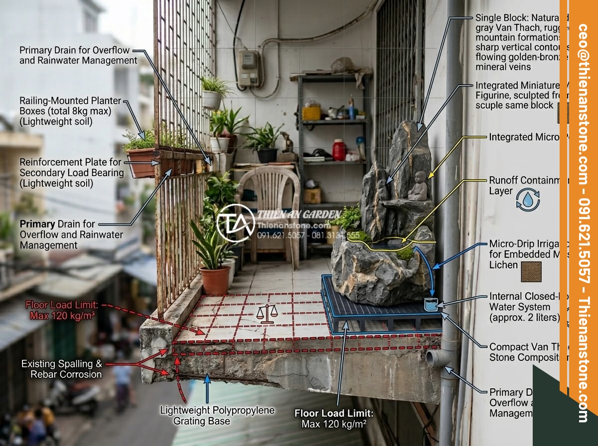 Case Study: Biến ban công 2m2 thành góc thư giãn với tiểu cảnh chú tiểu mini - Hình 4 Case Study: Biến ban công 2m2 thành góc thư giãn với tiểu cảnh chú tiểu mini - Engineering perspective of a constrained urban balcony with overlaid annotations
