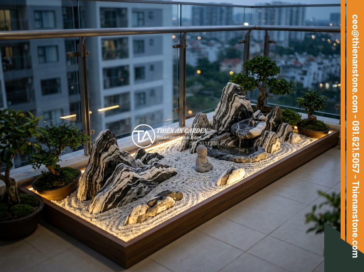 Case Study: Biến ban công 2m2 thành góc thư giãn với tiểu cảnh chú tiểu mini - Hình 5 Case Study: Biến ban công 2m2 thành góc thư giãn với tiểu cảnh chú tiểu mini - Elegant miniature zen monk garden installed on a modern apartment balcony with h