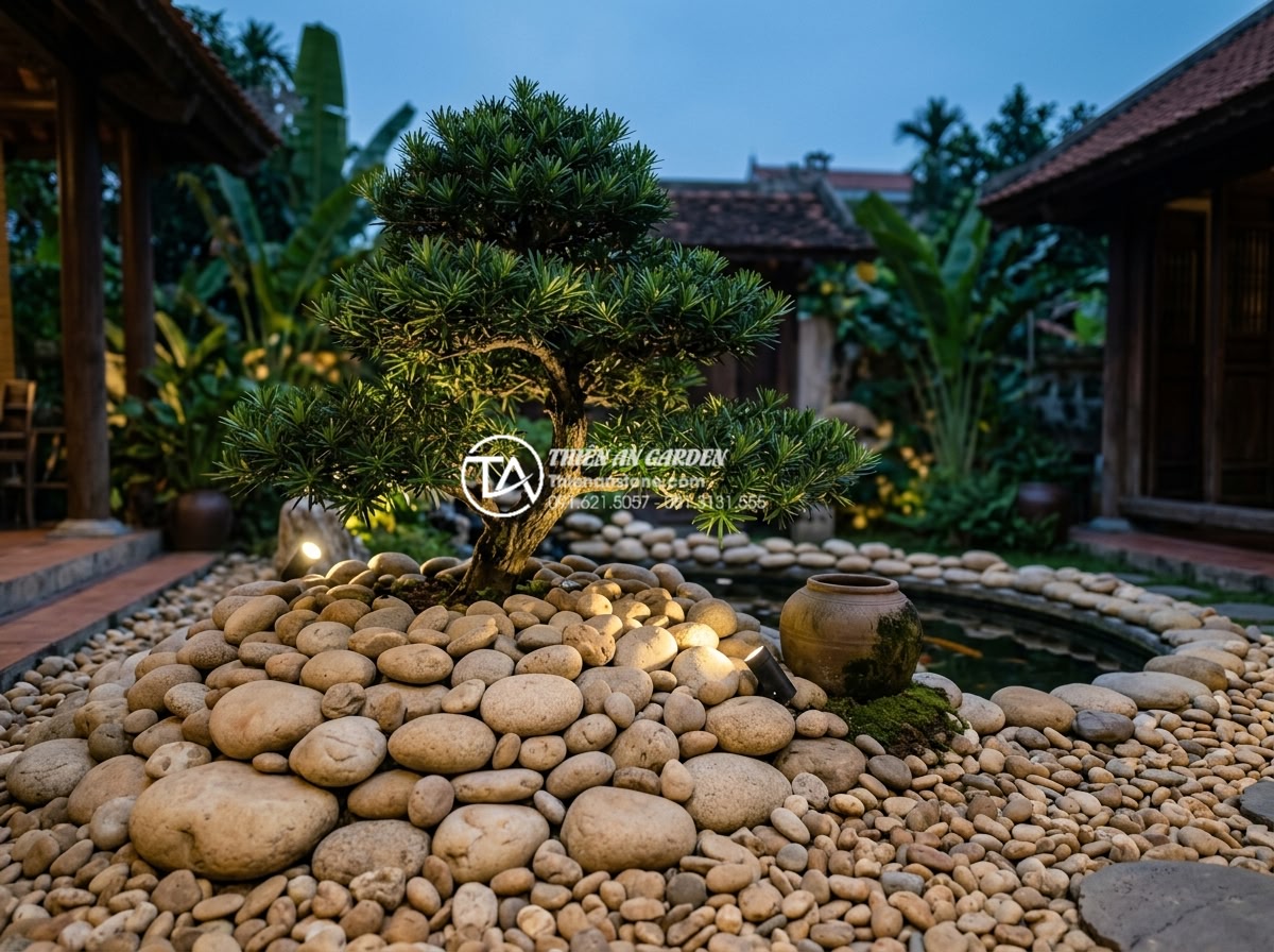 Case Study: Cải tạo góc sân vườn 20m2 với tiểu cảnh gốc cây Tùng La Hán - Serene atmospheric image of the finished Tùng La Hán pine rockery landscape at d