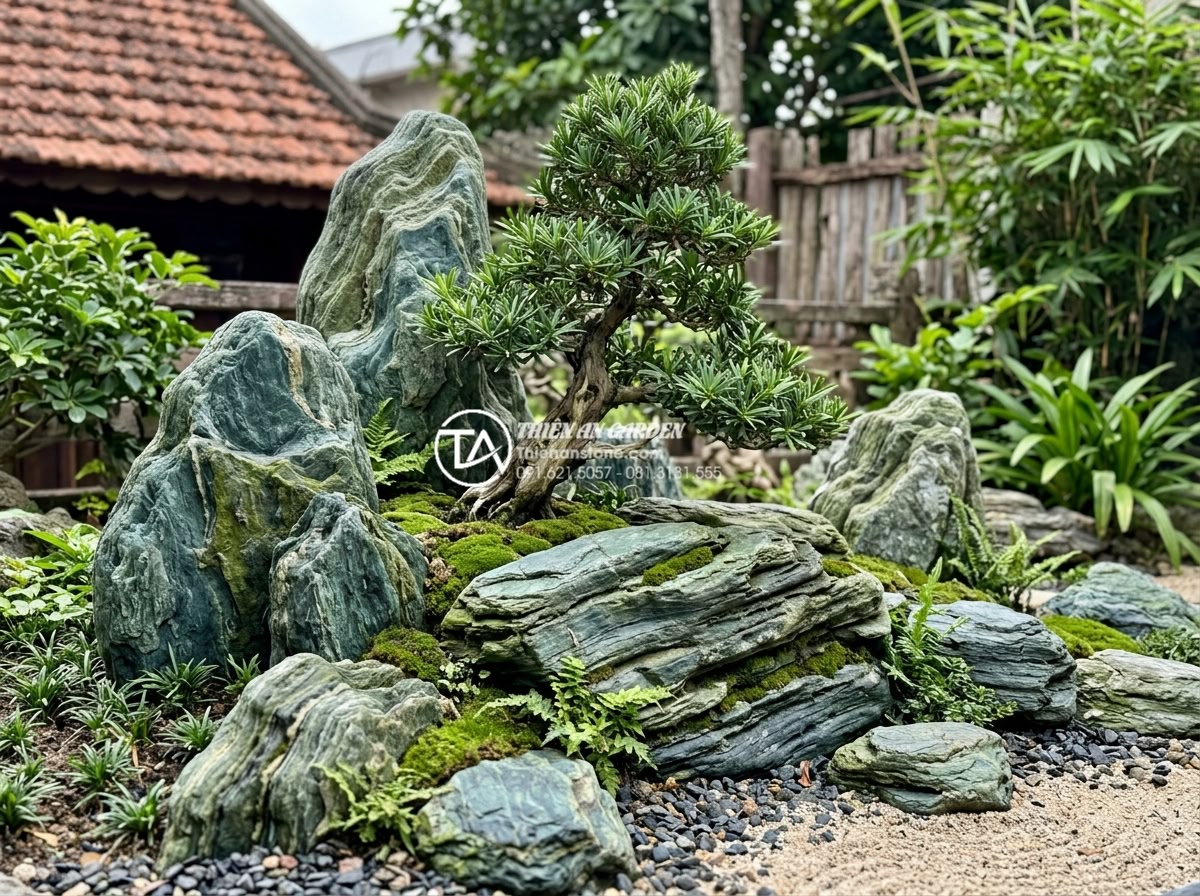 Case Study: Cải tạo góc sân vườn 20m2 với tiểu cảnh gốc cây Tùng La Hán - Long-term aftercare photo of a well-maintained 20m2 Tùng La Hán pine rockery sce
