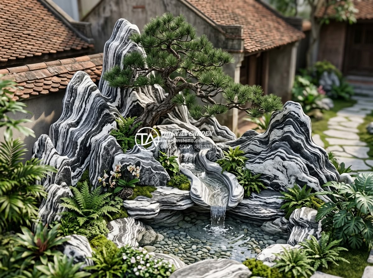 Case Study: Cải tạo góc sân vườn 20m2 với tiểu cảnh gốc cây Tùng La Hán - Detailed 3D conceptual design rendering of the Tùng La Hán pine tree rockery lan