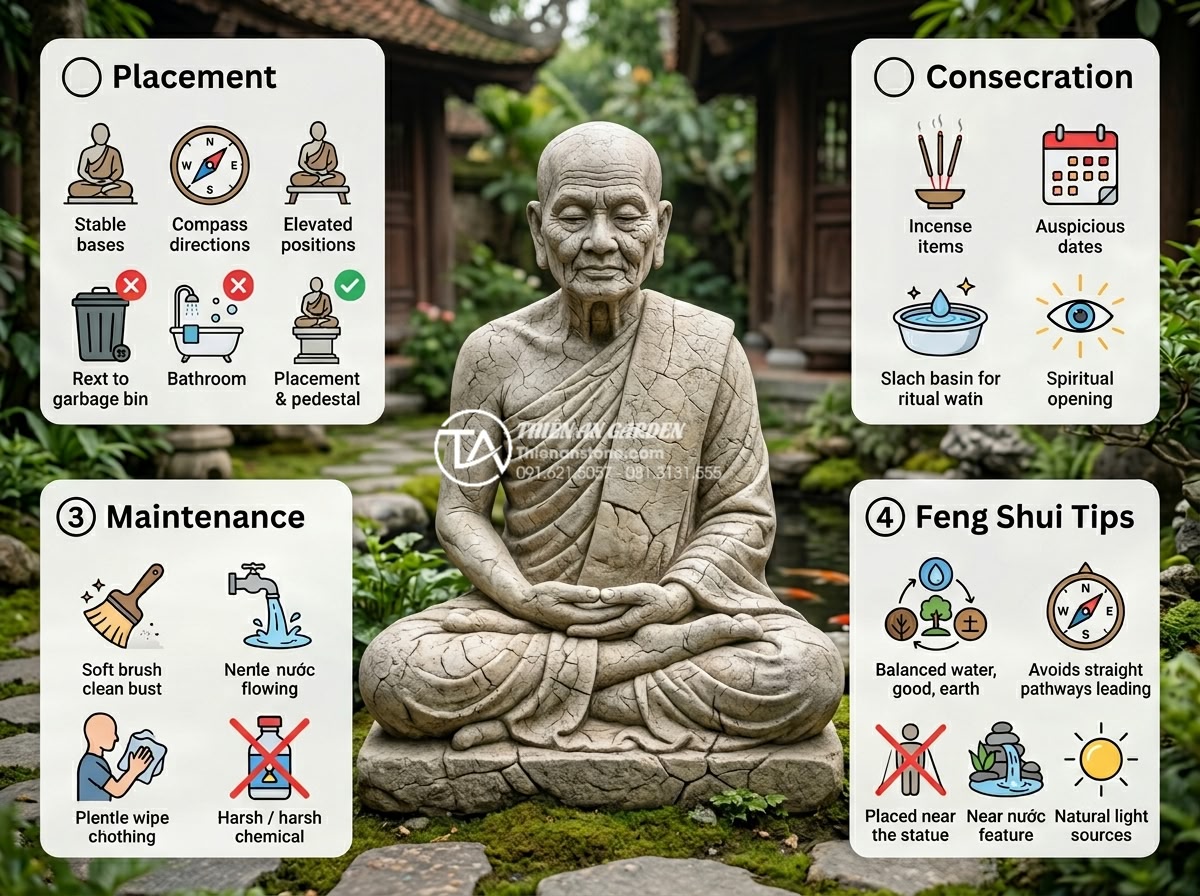 Câu hỏi thường gặp: Có cần khai quang tượng chú tiểu trong tiểu cảnh không? - FAQ style visual with icons and answers about stone monk statue placement, conse