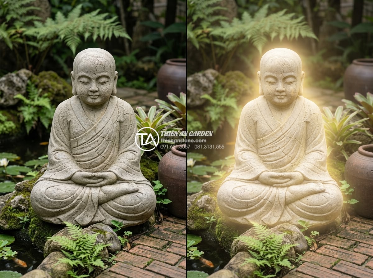 Câu hỏi thường gặp: Có cần khai quang tượng chú tiểu trong tiểu cảnh không? - Comparison split image showing a natural stone little monk statue in a beautiful