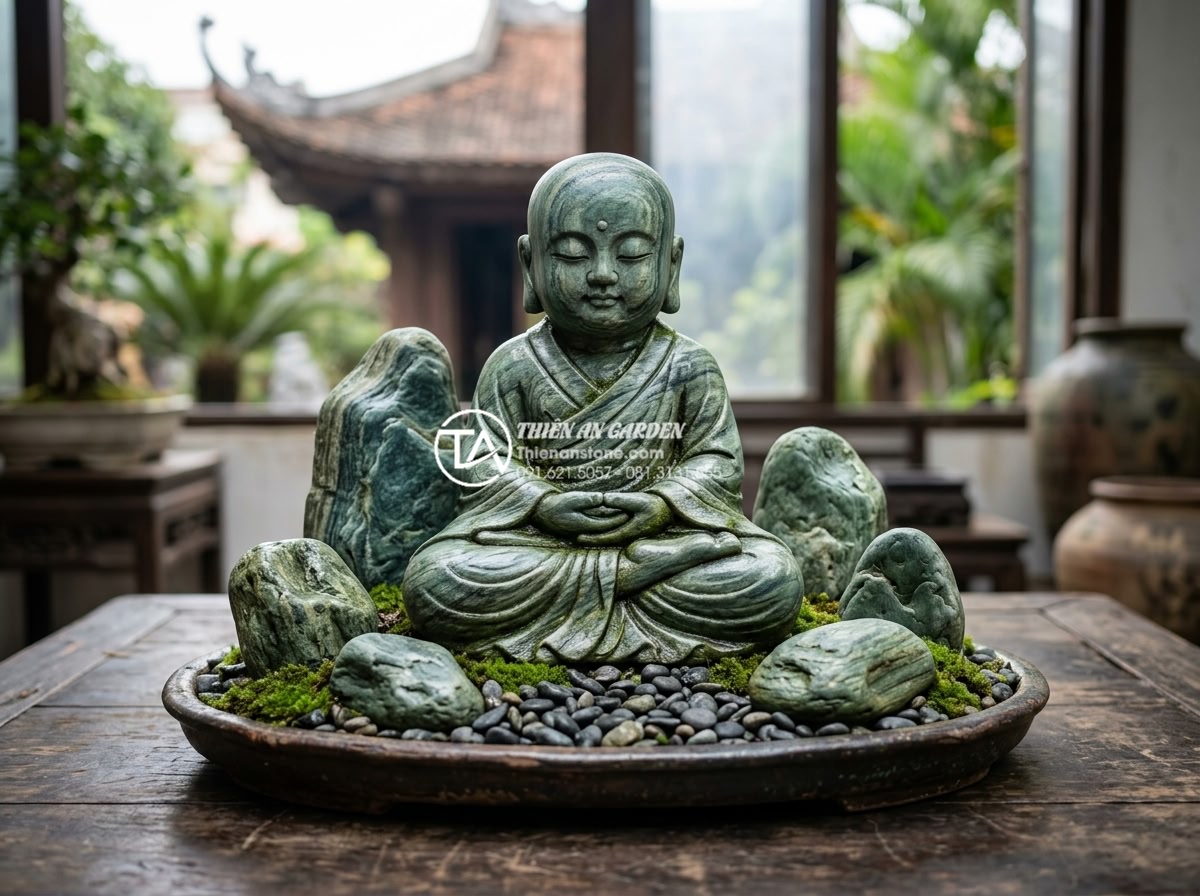 Câu hỏi thường gặp: Có cần khai quang tượng chú tiểu trong tiểu cảnh không? - High-quality natural stone samples display for little monk statues: polished bla