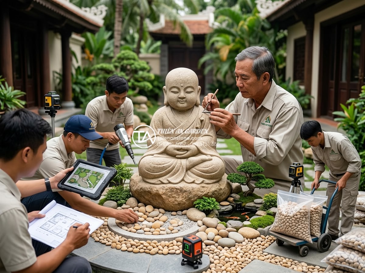 Câu hỏi thường gặp: Có cần khai quang tượng chú tiểu trong tiểu cảnh không? - Professional team of stone craftsmen and landscape designers from Thien An Stone