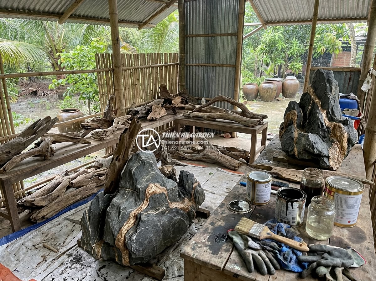 Checklist 7 bước thi công tiểu cảnh gỗ lũa sân vườn chuyên nghiệp - Hình 11 Checklist 7 bước thi công tiểu cảnh gỗ lũa sân vườn chuyên nghiệp - Workshop scene showing workers treating driftwood with protective coatings and s