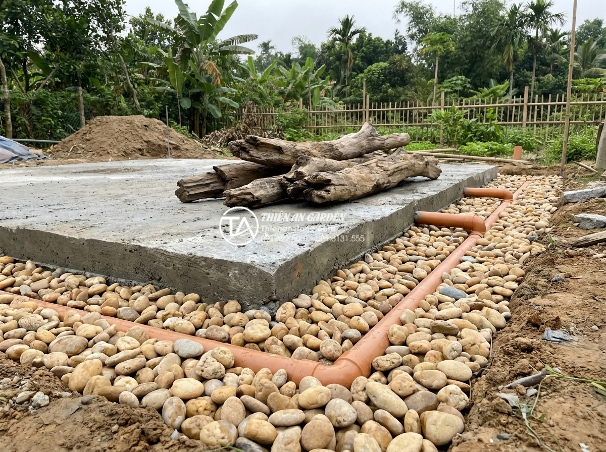 Checklist 7 bước thi công tiểu cảnh gỗ lũa sân vườn chuyên nghiệp - Hình 15 Checklist 7 bước thi công tiểu cảnh gỗ lũa sân vườn chuyên nghiệp - Construction phase showing foundation work with concrete base and drainage syste