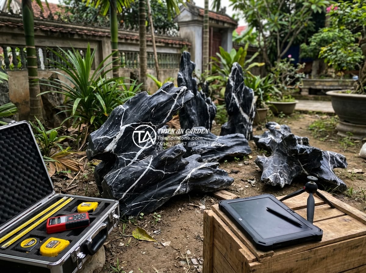 Checklist 7 bước thi công tiểu cảnh gỗ lũa sân vườn chuyên nghiệp - Hình 7 Checklist 7 bước thi công tiểu cảnh gỗ lũa sân vườn chuyên nghiệp - Engineering team conducting on-site survey of a backyard area with measuring too
