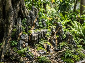Checklist 7 vật liệu không thể thiếu khi tự làm tiểu cảnh gốc cây - Detailed close-up of a natural stone miniature landscape at the base of a mature