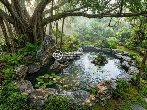 Có nên làm tiểu cảnh nước dưới gốc cây? Ưu và nhược điểm cần biết - Photorealistic aerial view of a serene miniature koi pond with natural granite a