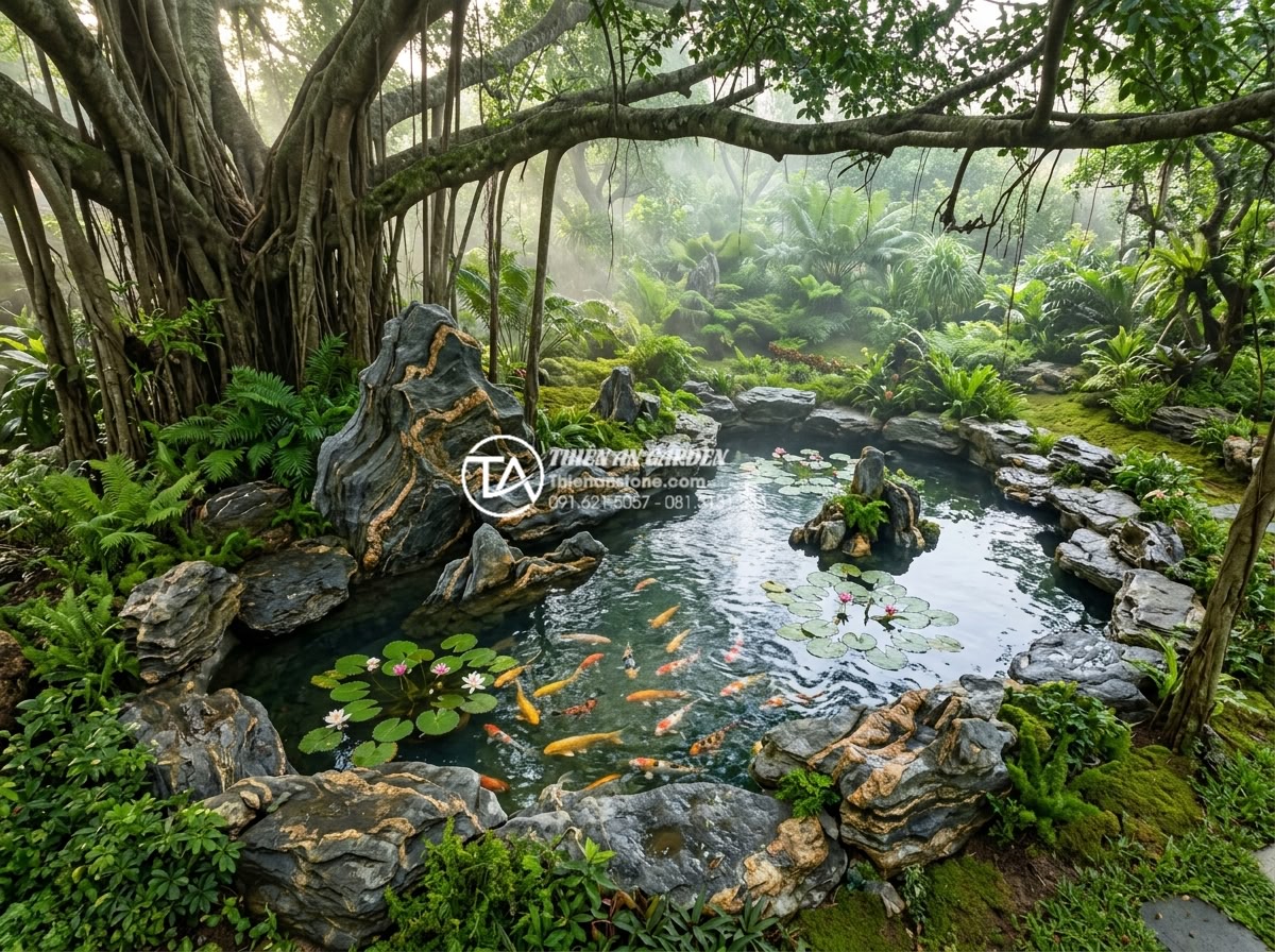 Có nên làm tiểu cảnh nước dưới gốc cây? Ưu và nhược điểm cần biết - Hình 1 Có nên làm tiểu cảnh nước dưới gốc cây? Ưu và nhược điểm cần biết - Photorealistic aerial view of a serene miniature koi pond with natural granite a