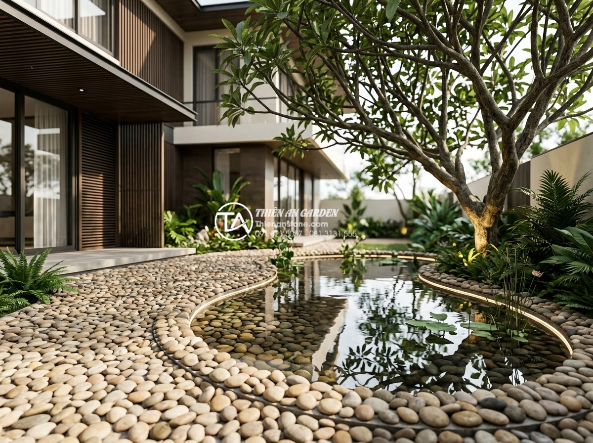 Có nên làm tiểu cảnh nước dưới gốc cây? Ưu và nhược điểm cần biết - Hình 12 Có nên làm tiểu cảnh nước dưới gốc cây? Ưu và nhược điểm cần biết - Modern architectural rendering of a perfectly integrated water pond under a larg