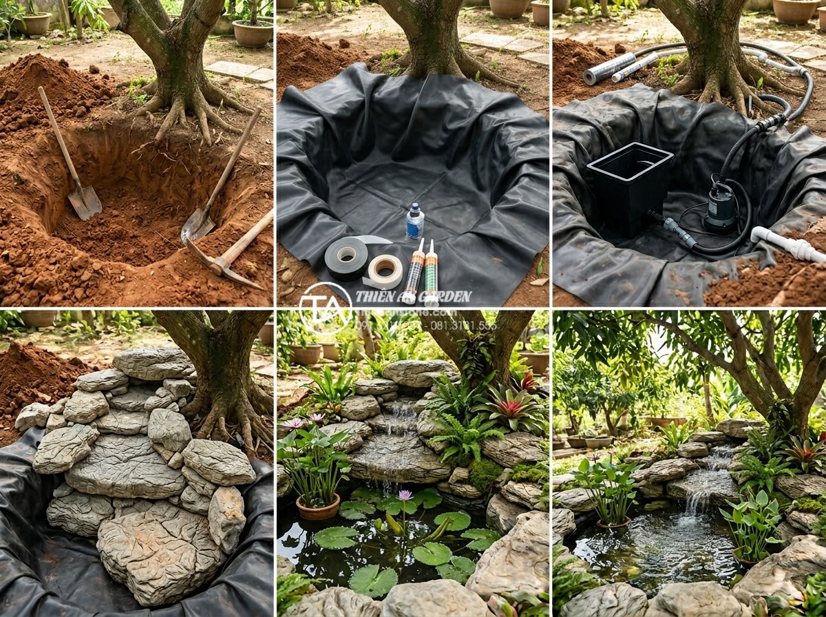 Có nên làm tiểu cảnh nước dưới gốc cây? Ưu và nhược điểm cần biết - Hình 13 Có nên làm tiểu cảnh nước dưới gốc cây? Ưu và nhược điểm cần biết - Step-by-step professional construction process of a natural stone water feature