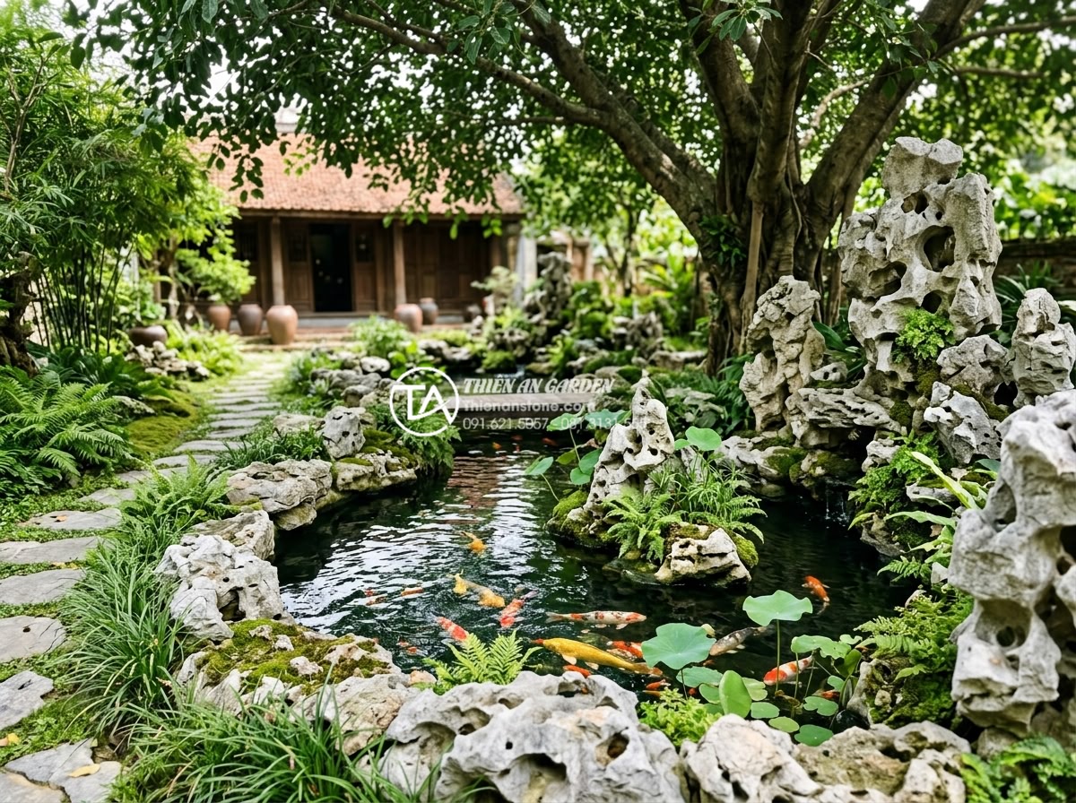 Có nên làm tiểu cảnh nước dưới gốc cây? Ưu và nhược điểm cần biết - Hình 14 Có nên làm tiểu cảnh nước dưới gốc cây? Ưu và nhược điểm cần biết - Completed professional installation of a beautiful koi pond with natural stones