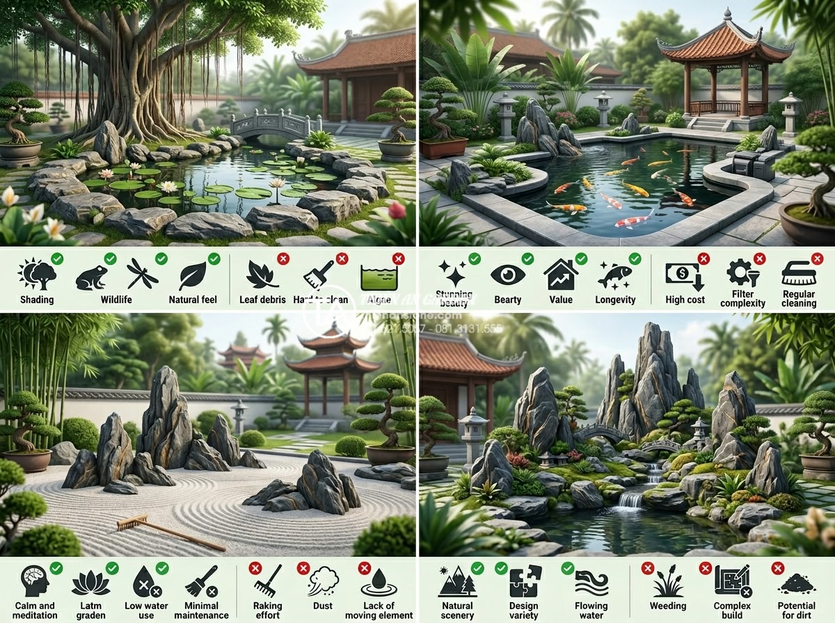 Có nên làm tiểu cảnh nước dưới gốc cây? Ưu và nhược điểm cần biết - Hình 15 Có nên làm tiểu cảnh nước dưới gốc cây? Ưu và nhược điểm cần biết - Comparison infographic of different garden water features: natural stone pond un