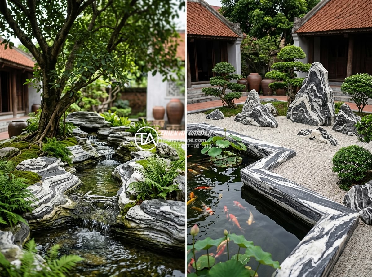 Có nên làm tiểu cảnh nước dưới gốc cây? Ưu và nhược điểm cần biết - Hình 16 Có nên làm tiểu cảnh nước dưới gốc cây? Ưu và nhược điểm cần biết - Side-by-side professional photographs comparing a beautiful integrated water fea