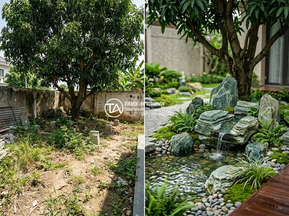 Có nên làm tiểu cảnh nước dưới gốc cây? Ưu và nhược điểm cần biết - Hình 17 Có nên làm tiểu cảnh nước dưới gốc cây? Ưu và nhược điểm cần biết - Real customer testimonial photo from a completed luxury villa project: happy fam