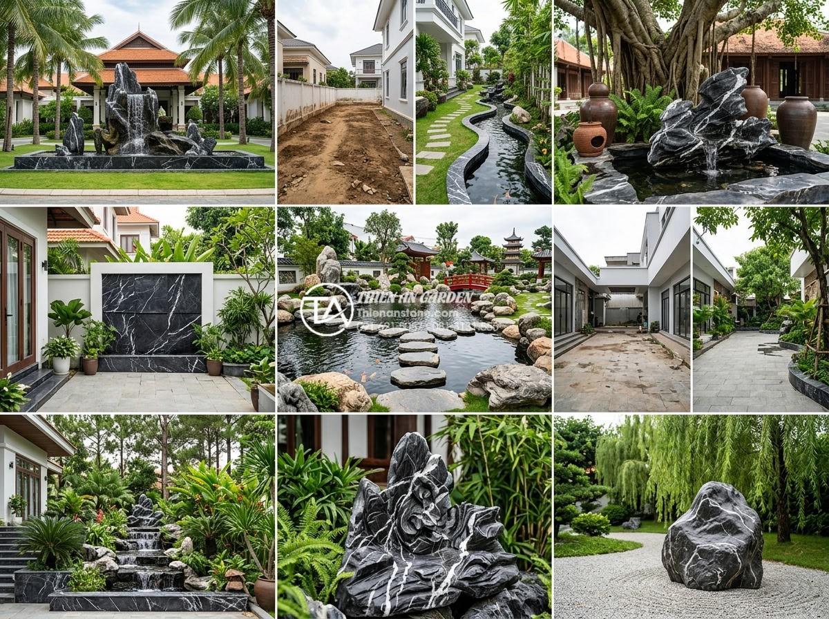 Có nên làm tiểu cảnh nước dưới gốc cây? Ưu và nhược điểm cần biết - Hình 18 Có nên làm tiểu cảnh nước dưới gốc cây? Ưu và nhược điểm cần biết - Collage of successful completed projects by Thien An Stone: various natural ston