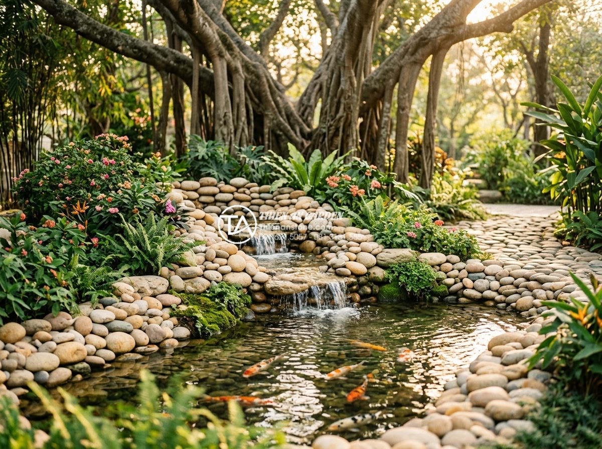 Có nên làm tiểu cảnh nước dưới gốc cây? Ưu và nhược điểm cần biết - Hình 19 Có nên làm tiểu cảnh nước dưới gốc cây? Ưu và nhược điểm cần biết - Stunning final image of a perfectly designed natural stone water feature under a