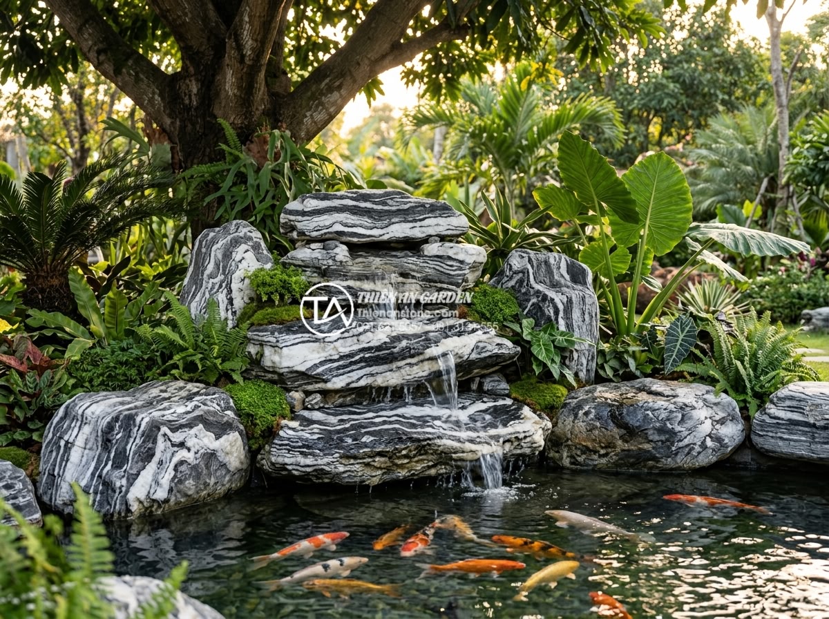 Có nên làm tiểu cảnh nước dưới gốc cây? Ưu và nhược điểm cần biết - Hình 2 Có nên làm tiểu cảnh nước dưới gốc cây? Ưu và nhược điểm cần biết - Close-up professional photograph of a handcrafted natural stone water cascade fl