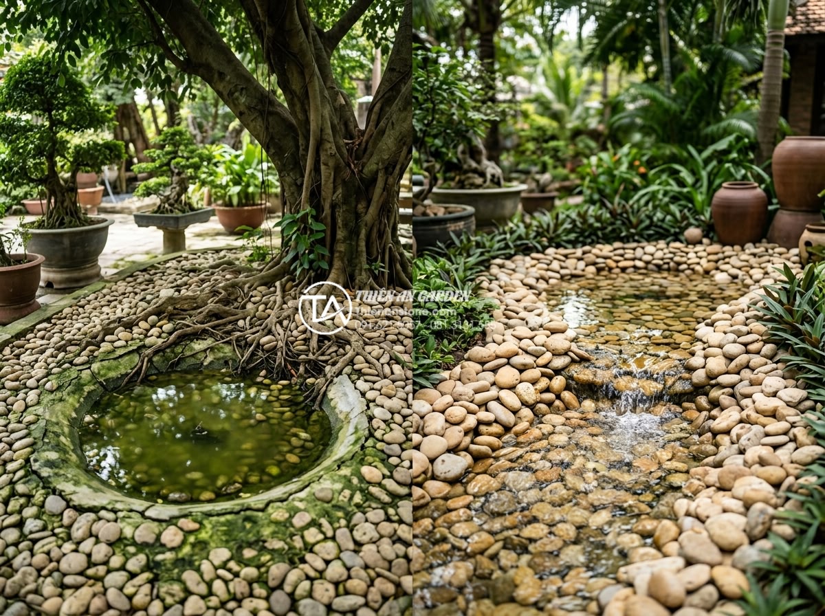 Có nên làm tiểu cảnh nước dưới gốc cây? Ưu và nhược điểm cần biết - Hình 5 Có nên làm tiểu cảnh nước dưới gốc cây? Ưu và nhược điểm cần biết - Realistic photograph showing potential challenges of a poorly planned water feat