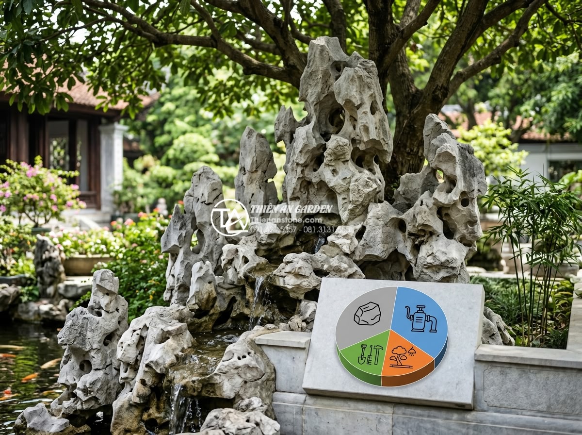 Có nên làm tiểu cảnh nước dưới gốc cây? Ưu và nhược điểm cần biết - Hình 7 Có nên làm tiểu cảnh nước dưới gốc cây? Ưu và nhược điểm cần biết - Professional infographic style image showing cost breakdown of a natural stone w