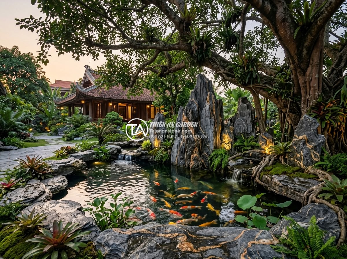 Có nên làm tiểu cảnh nước dưới gốc cây? Ưu và nhược điểm cần biết - Hình 8 Có nên làm tiểu cảnh nước dưới gốc cây? Ưu và nhược điểm cần biết - High quality photograph of a luxurious completed water pond under ancient tree i