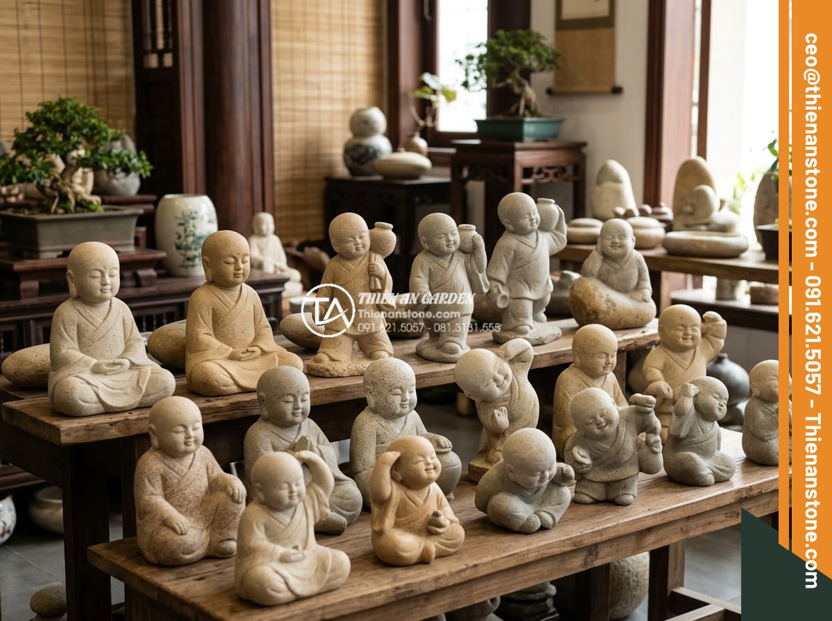 Địa chỉ mua tiểu cảnh chú tiểu uy tín, chất lượng đá tự nhiên 100% - Collection display of various popular natural stone chú tiểu statue designs incl