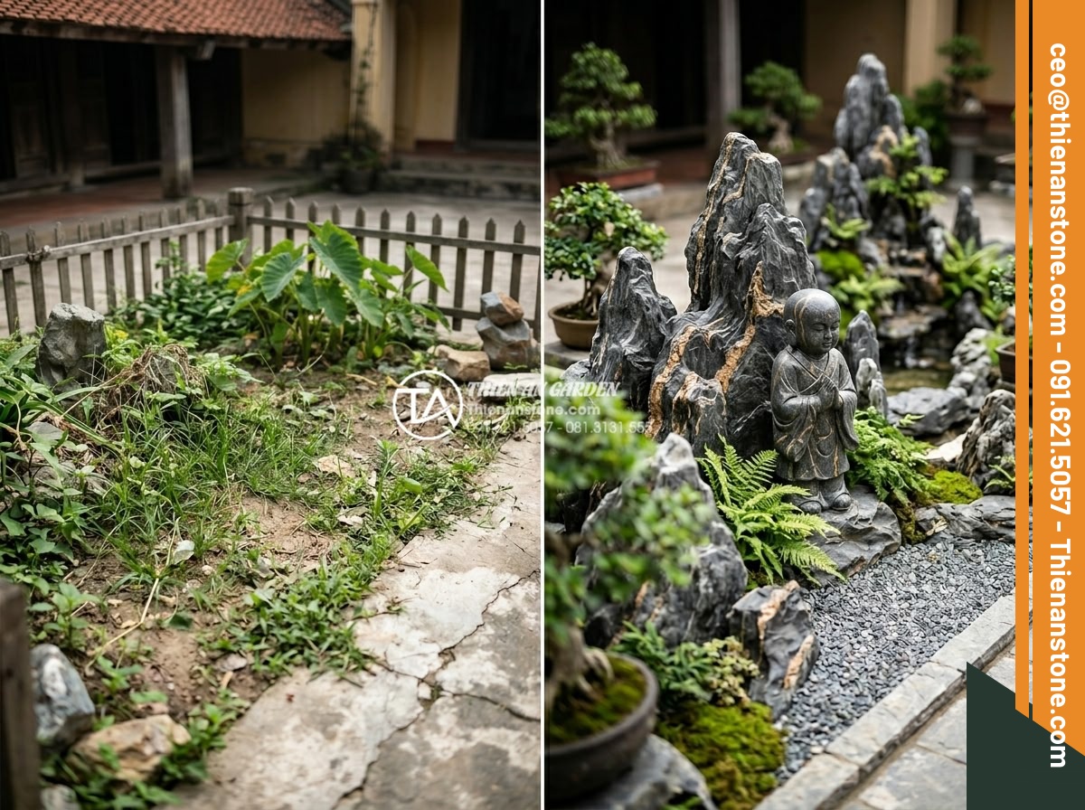 Địa chỉ mua tiểu cảnh chú tiểu uy tín, chất lượng đá tự nhiên 100% - Before and after photos of a garden transformation featuring the addition of a h