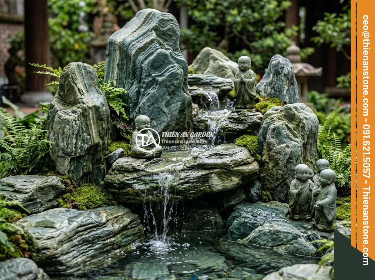 Địa chỉ mua tiểu cảnh chú tiểu uy tín, chất lượng đá tự nhiên 100% - Completed professional installation of multiple chú tiểu statues integrated into
