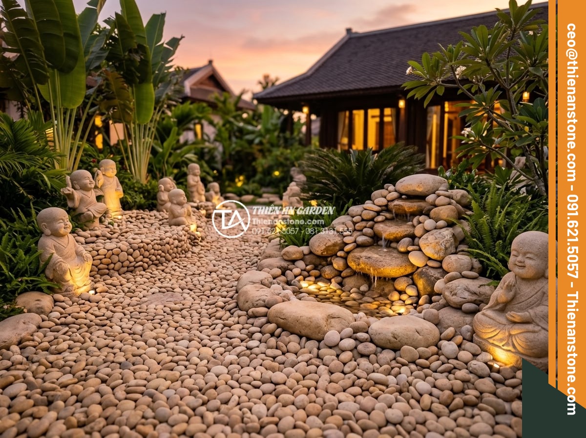 Địa chỉ mua tiểu cảnh chú tiểu uy tín, chất lượng đá tự nhiên 100% - Luxury villa garden overview after full installation of custom natural stone chú
