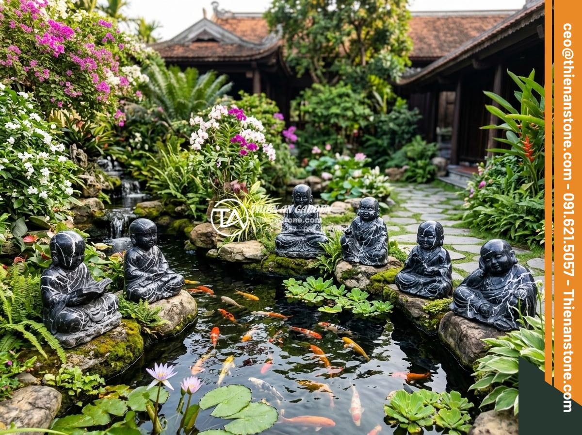 Địa chỉ mua tiểu cảnh chú tiểu uy tín, chất lượng đá tự nhiên 100% - Wide angle landscape photo showing multiple natural stone chú tiểu statues arran