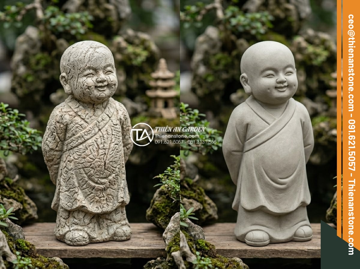 Địa chỉ mua tiểu cảnh chú tiểu uy tín, chất lượng đá tự nhiên 100% - Side-by-side comparison image of premium natural stone chú tiểu versus lower qua